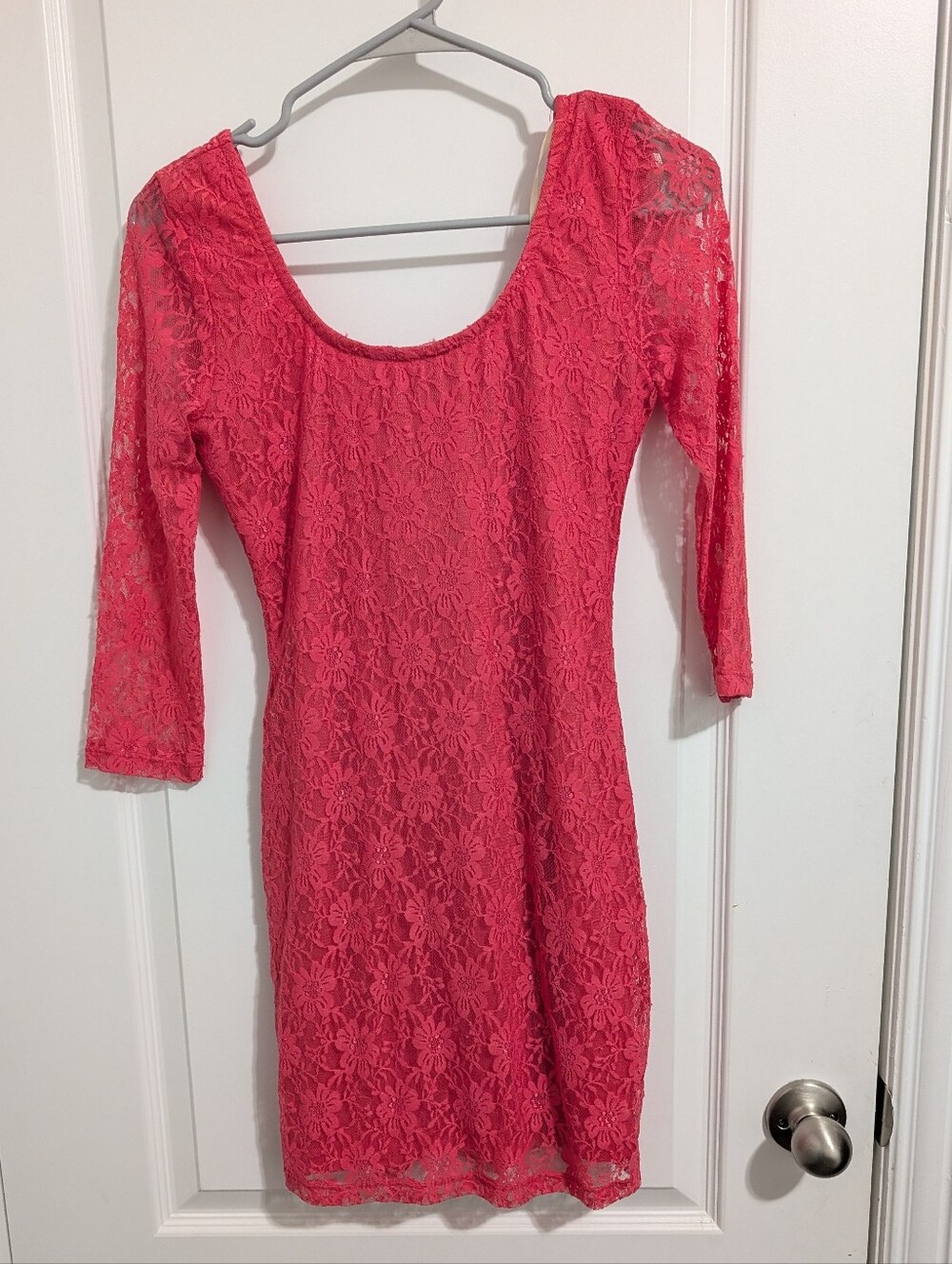 Speechless Coral Pink Lace Bodycon Dress Size 3 3/4 Sleeve JCPenney NWT